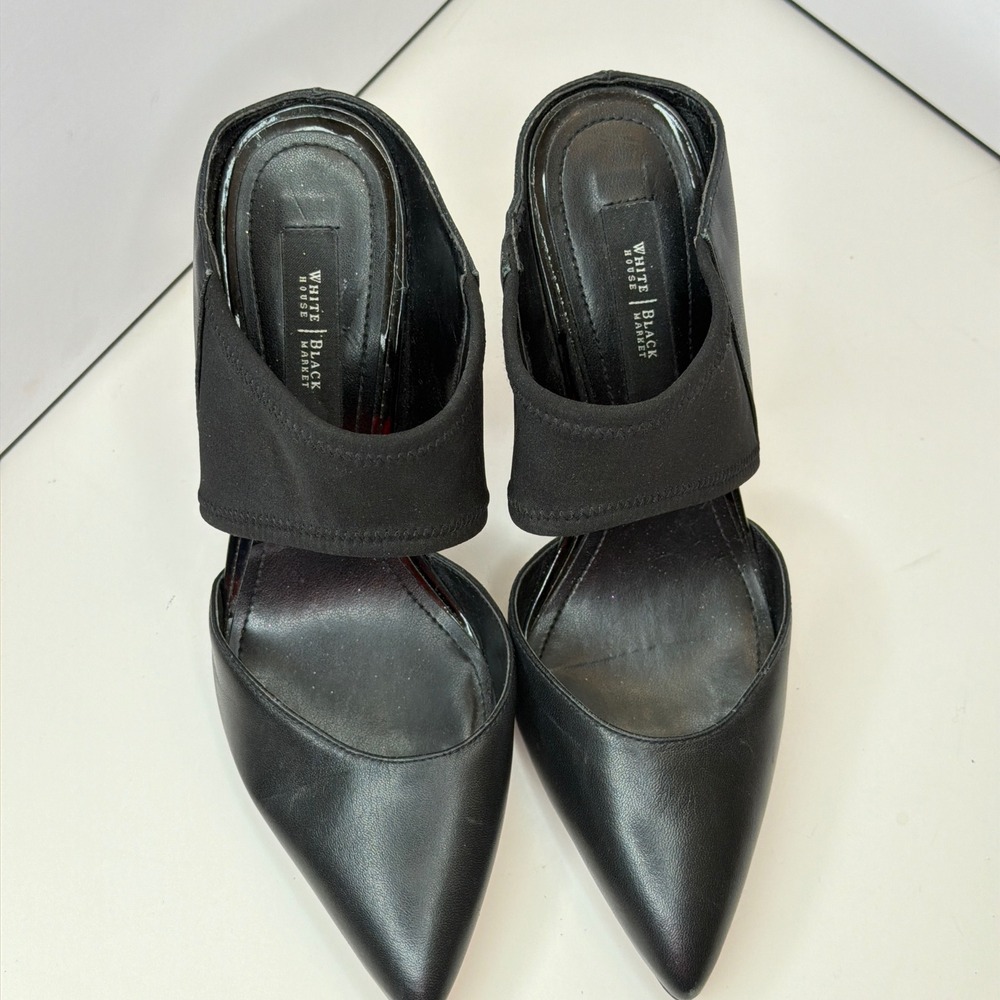 White House Black Market Black Leather Pointed Toe Mule Stiletto Heels 7M - Picture 2 of 8